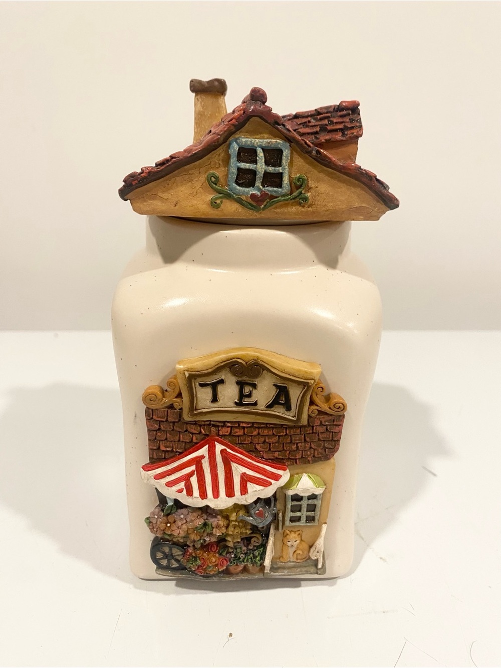 Ganz Kitchen Tea Ceramic Canister Cottage House Lid Flower Cart Cat Unmarked